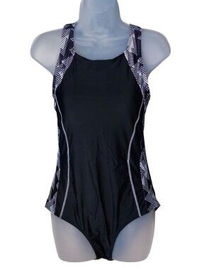 Black White Striped One-Piece Swimsuit M Racerback UPF 50+ Keyhole Lined
